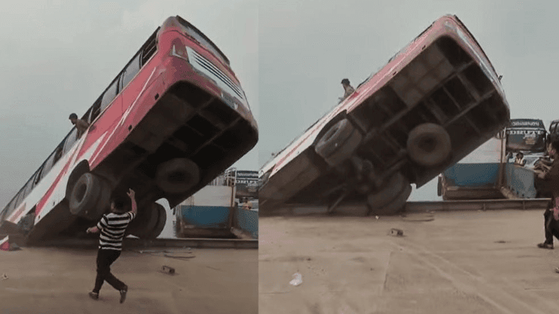 Bus trapped under pontoon, doors and windows inaccessible for rescue