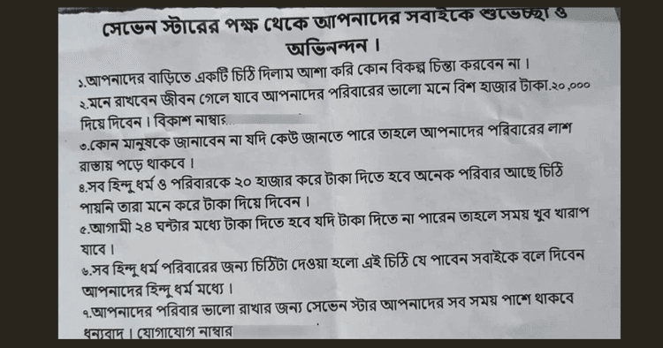 Extortion threat targets five hindu families in Natore