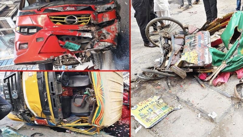 Man dead as bus-truck collision crushes auto rickshaw in Dhaka