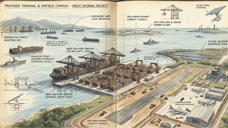 Ports on sea, shadow of power on horizon