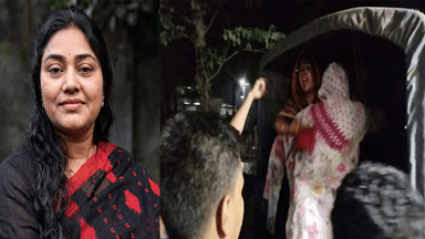 Women's Awami League leader shouts 'Joy Bangla' slogan in police car