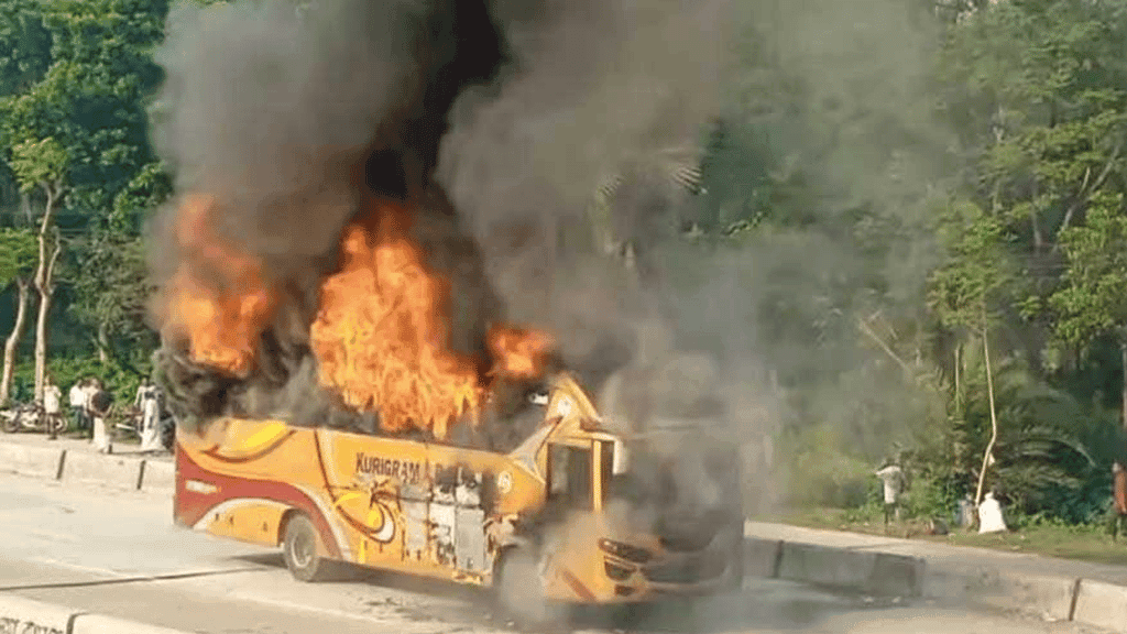 Passenger bus catches fire in Bogura