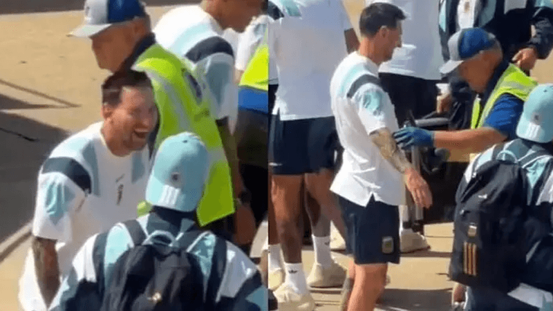 Messi smiles during metal detector search at airport security