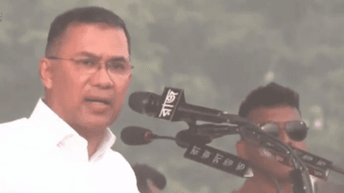 Tarique Rahman arrives at public reception stage in Purbachal
