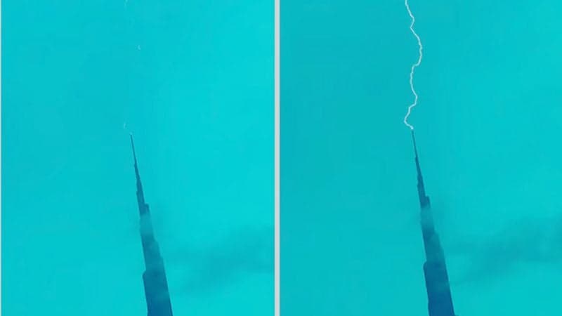 Lightning strikes Burj Khalifa amid stormy weather in Dubai