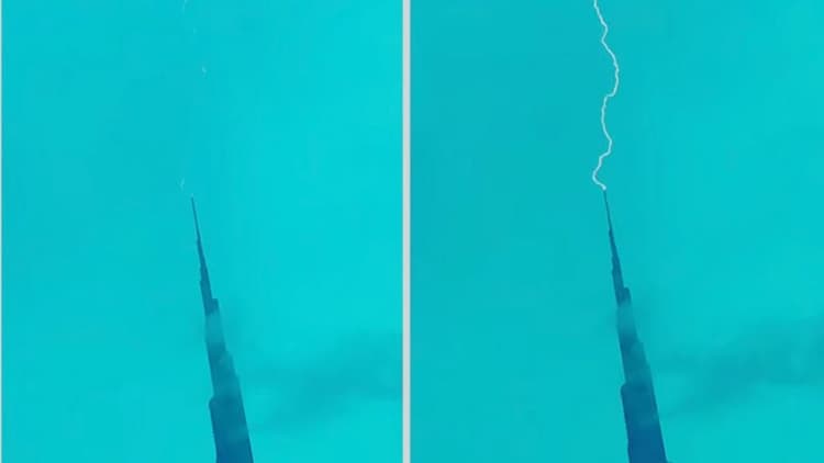 Lightning strikes Burj Khalifa amid stormy weather in Dubai