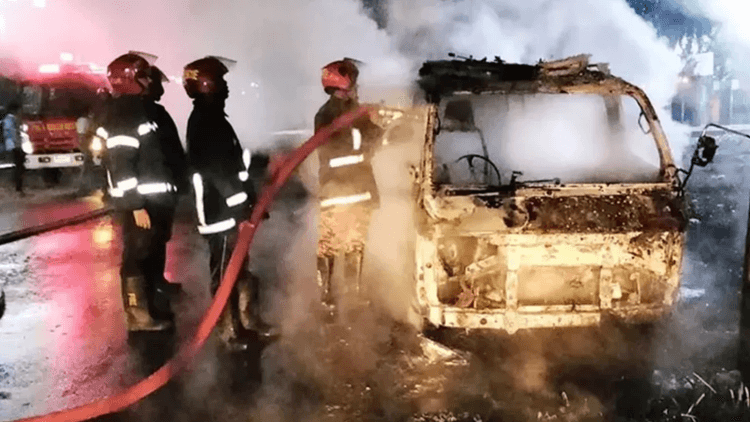 Ambulance set on fire by miscreants in front of Kishoreganj Civil Surgeon Office