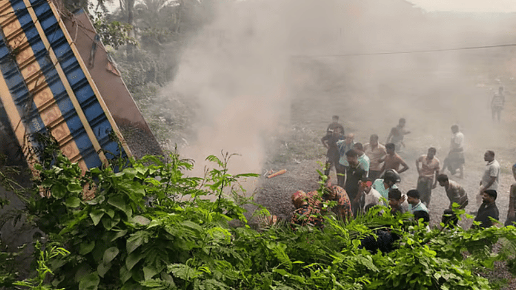 Two killed as stone-laden truck plunges into ditch, catches fire in Kushtia