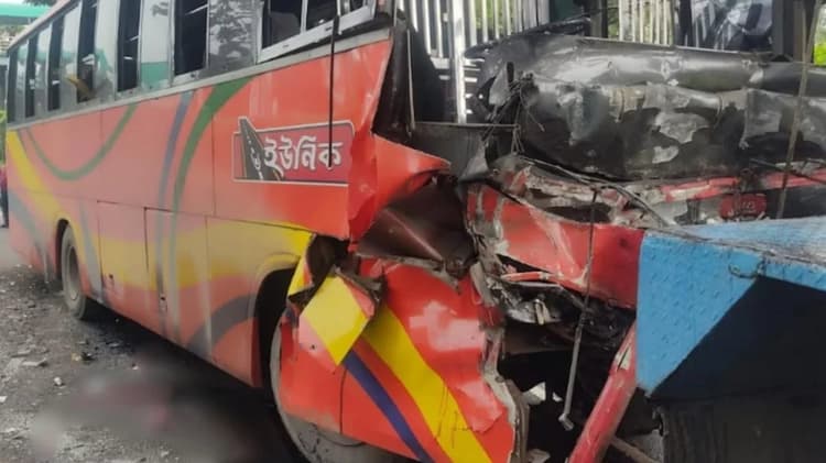 Three killed as bus crashes into parked covered van in Feni