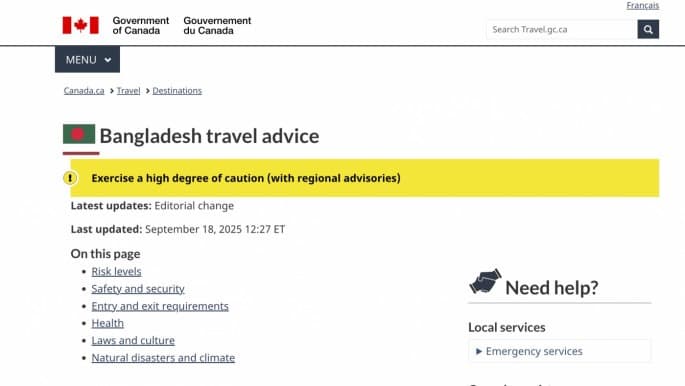 Canada issues travel advisory for Bangladesh