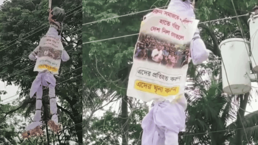 Effigies with photos of Nahid, Hasnat, Sarjis hung in Meherpur